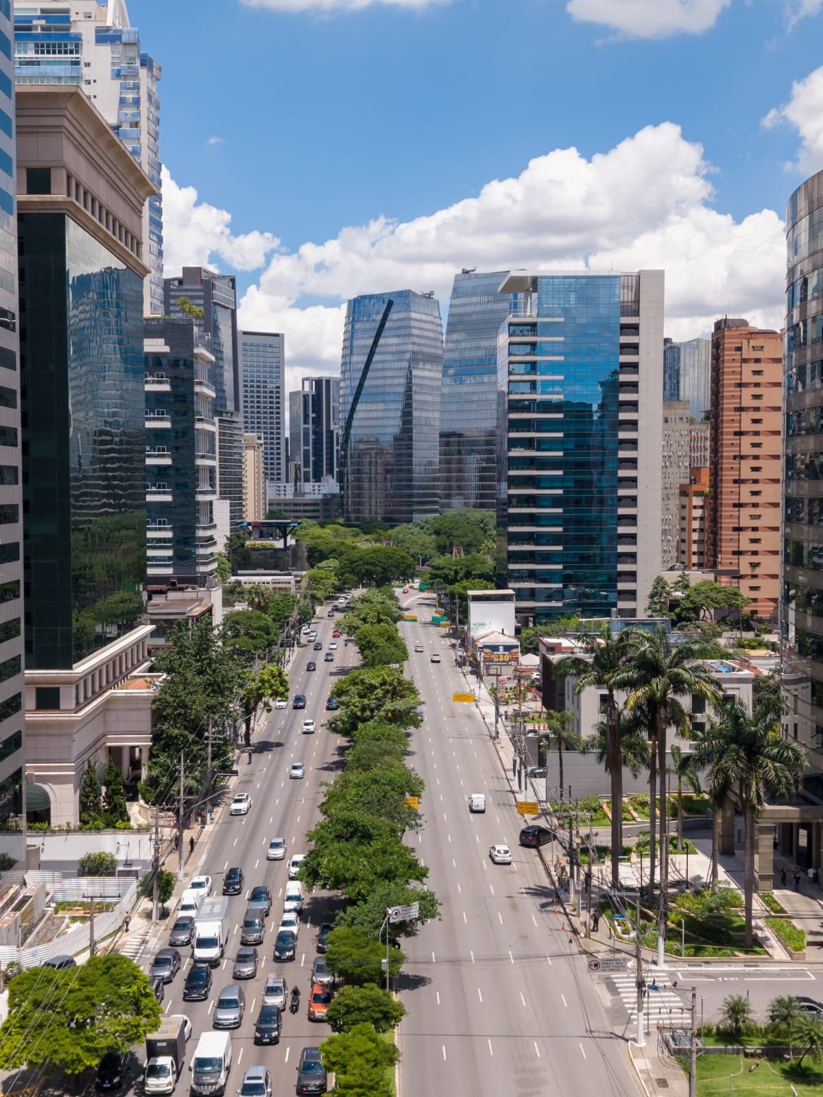 Avenida de São Paulo com torres corporativas de vidro